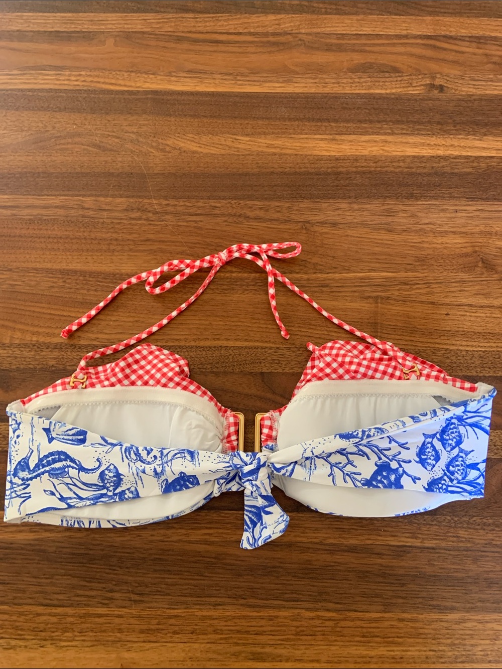 OndadeMar Designer Colombian Resortwear Red Gingham, Blue Ocean Toile Bikini Top - Picture 3 of 4